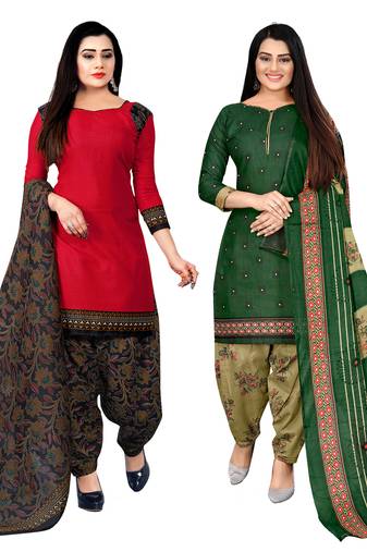 red and green cotton printed unstitched salwar suit material (combo of 2)