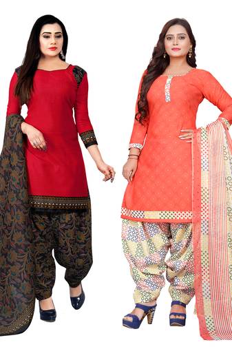 red & peach cotton printed unstitched salwar suit material (combo of 2)
