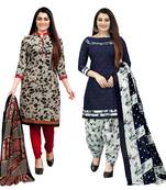 beige & navy blue cotton printed unstitched salwar suit material (combo of 2)