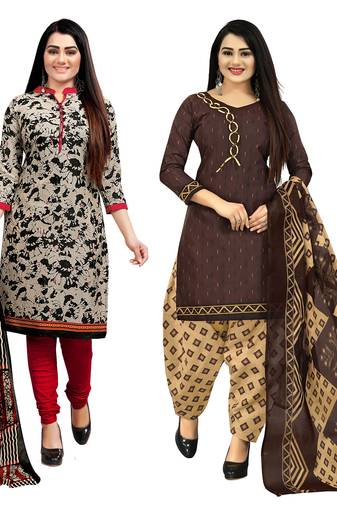 beige & brown cotton printed unstitched salwar suit material (combo of 2)