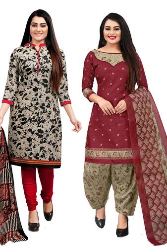 beige & red cotton printed unstitched salwar suit material (combo of 2)