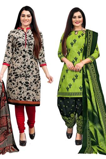 beige & parrot green cotton printed unstitched salwar suit material (combo of 2)