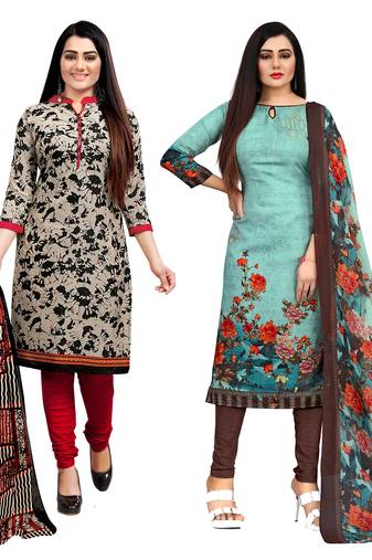 beige and pista green cotton printed unstitched salwar suit material (combo of 2)