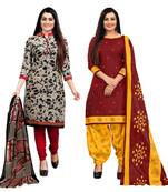 beige & maroon cotton printed unstitched salwar suit material (combo of 2)