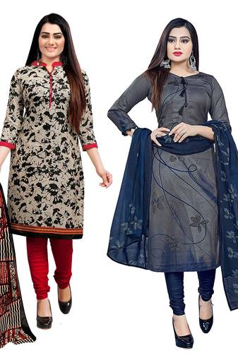 beige and grey cotton printed unstitched salwar suit material (combo of 2)