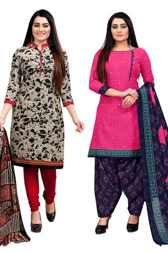 beige and magenta cotton printed unstitched salwar suit material (combo of 2)