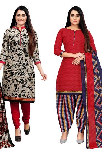 beige and red cotton printed unstitched salwar suit material (combo of 2)