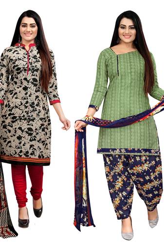 beige and green cotton printed unstitched salwar suit material (combo of 2)