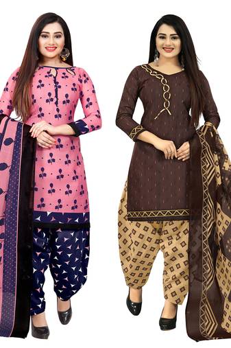 pink and brown cotton printed unstitched salwar suit material (combo of 2)