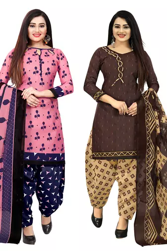 pink and brown cotton printed unstitched salwar suit material (combo of 2)