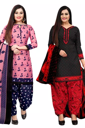 Rajnandini pink and black cotton printed unstitched salwar suit material (combo of 2)