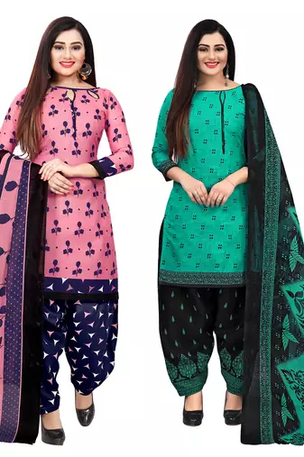 pink and green cotton printed unstitched salwar suit material (combo of 2)