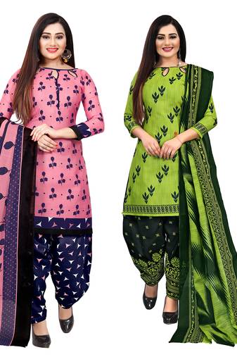 pink and parrot green cotton printed unstitched salwar suit material (combo of 2)