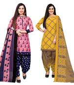 pink and yellow cotton printed unstitched salwar suit material (combo of 2)