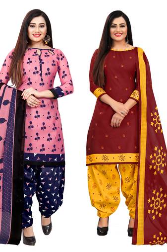 pink and maroon cotton printed unstitched salwar suit material (combo of 2)