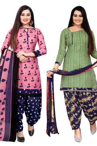 pink and green cotton printed unstitched salwar suit material (combo of 2)