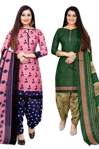 pink and green cotton printed unstitched salwar suit material (combo of 2)