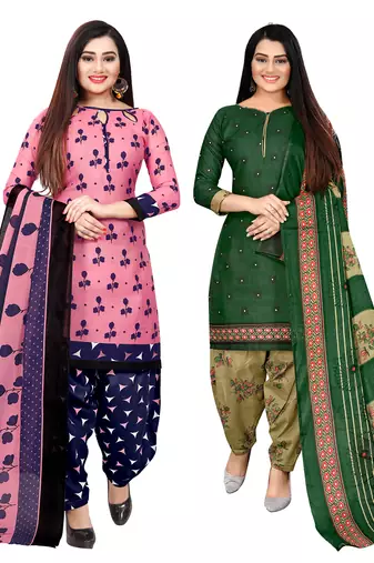 pink and green cotton printed unstitched salwar suit material (combo of 2)