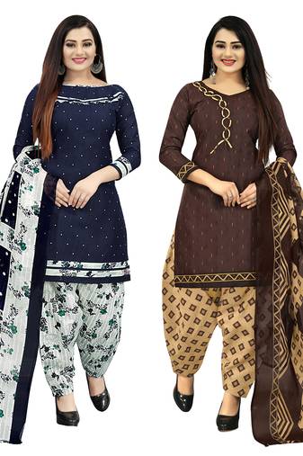 navy blue and brown cotton printed unstitched salwar suit material (combo of 2)