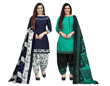 navy blue and green cotton printed unstitched salwar suit material (combo of 2) 1