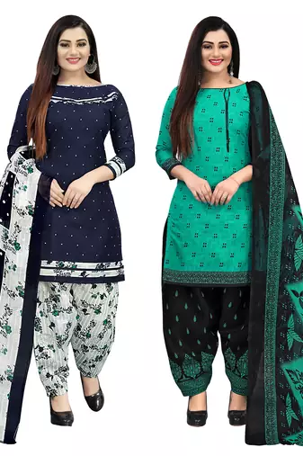 navy blue and green cotton printed unstitched salwar suit material (combo of 2)