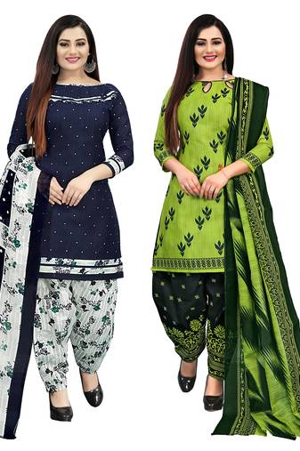 navy blue and parrot green cotton printed unstitched salwar suit material (combo of 2)
