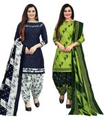 navy blue and parrot green cotton printed unstitched salwar suit material (combo of 2)