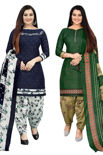 navy blue and green cotton printed unstitched salwar suit material (combo of 2)