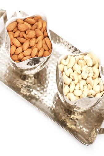 Diwali dryfruits  hampers- silver aluminium  almonds and cashews tray
