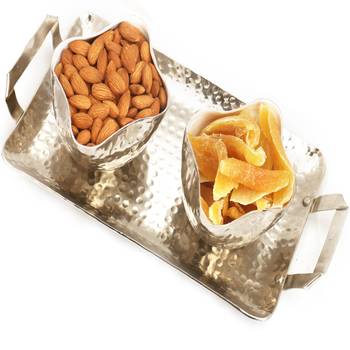 Diwali dryfruits  hampers- silver aluminium  almonds and dried mango tray 1