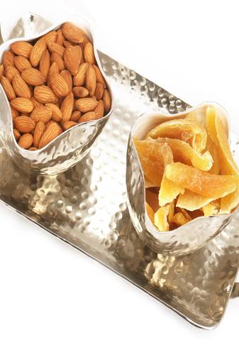 Diwali dryfruits  hampers- silver aluminium  almonds and dried mango tray