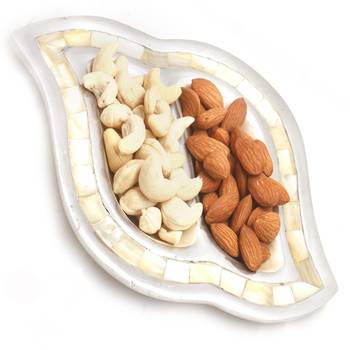 Diwali dryfruits  hampers- silver 2 part  almonds and cashews tray 1