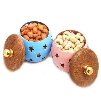 Diwali dryfruits  hampers- set of 2 almonds and cashews metal jars 1