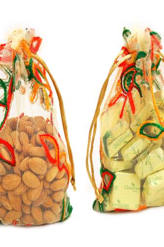 Diwali hampers- almonds and chocolate net pouch
