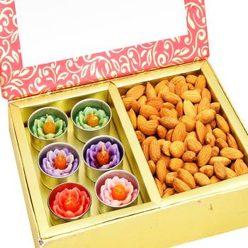 Diwali hampers -pink 2 part almonds and t-lites box 1