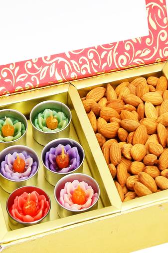 Diwali hampers -pink 2 part almonds and t-lites box