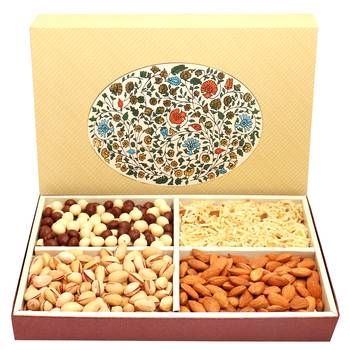 Eco 4 part  print hamper box with almonds, pistachios, namkeen and  nutties 600 gms 1