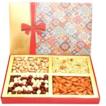 Printed bow hamper box with almonds, pistachios, namkeen and  nutties 400 gms 1