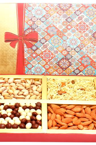 Printed bow hamper box with almonds, pistachios, namkeen and  nutties 400 gms