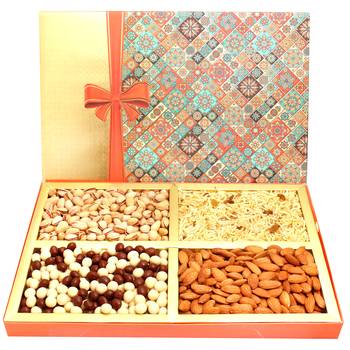 Printed bow hamper box with almonds, pistachios, namkeen and  nutties 800 gms 1