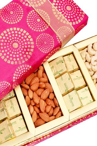 Diwali dryfruits-satin 4 part dryfruit and chocolate box hamper