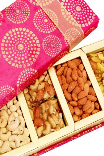 Diwali dryfruits-satin 4 part dryfruit and dryfruit chikki box hamper
