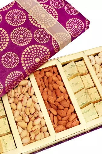 Diwali dryfruits-satin 5 part dryfruit and chocolate box hamper