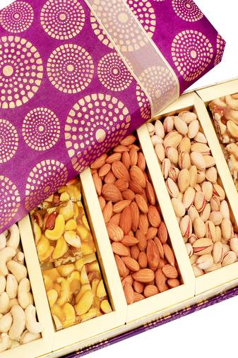 Diwali dryfruits-satin 5 part dryfruit and dryfruit chikki box hamper