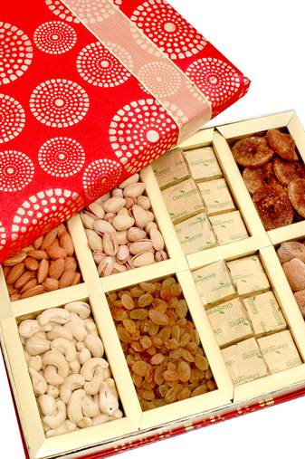 Diwali dryfruits-satin 8 part dryfruit and chocolate box hamper