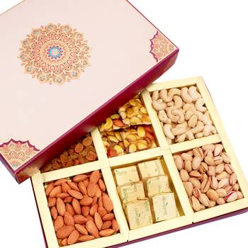 Diwali dryfruits-fusion 6 part dryfruits, chocolates and dryfruit chikki box hamper 1