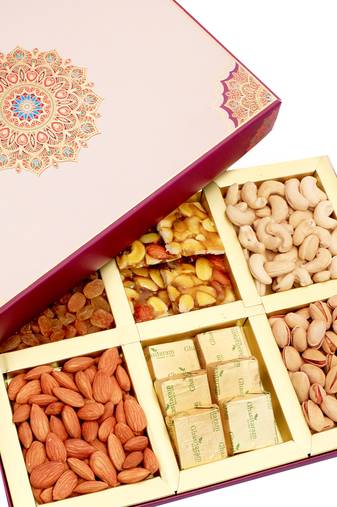 Diwali dryfruits-fusion 6 part dryfruits, chocolates and dryfruit chikki box hamper