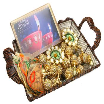 Diwali hampers-brown cane basket with happy diwali chocolate box, almonds, toran  and 2 t-lites 1