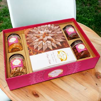 Ghasitaram big hamper tray  of kaju katlis, peri almonds, chiwda, wheat puffs and paan 1