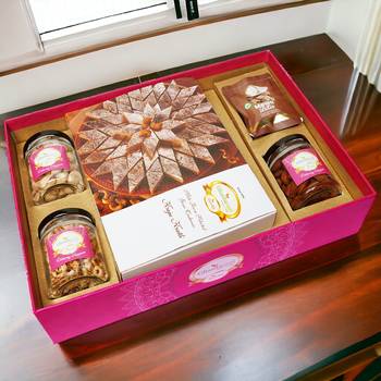 Ghasitaram big hamper tray  of kaju katlis, peri almonds, pistachios, wheat puffs and mewa bites 1